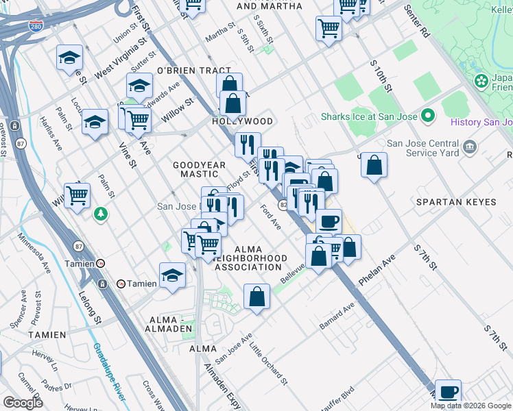 map of restaurants, bars, coffee shops, grocery stores, and more near 1401 Ford Avenue in San Jose