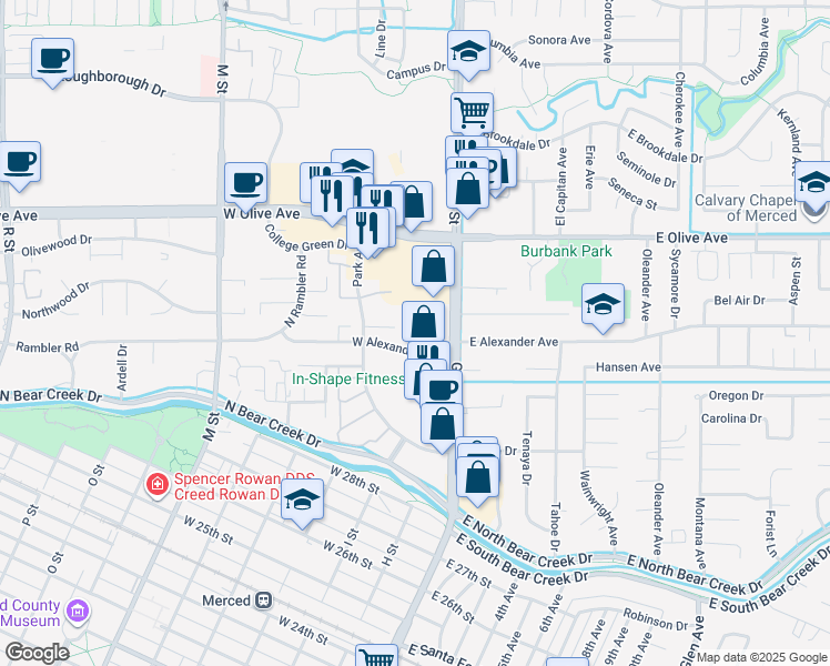 map of restaurants, bars, coffee shops, grocery stores, and more near 87 West Alexander Avenue in Merced