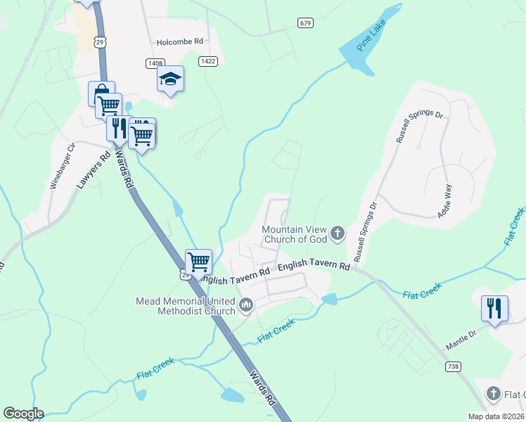 map of restaurants, bars, coffee shops, grocery stores, and more near 100 Old Tavern Circle in Lynchburg