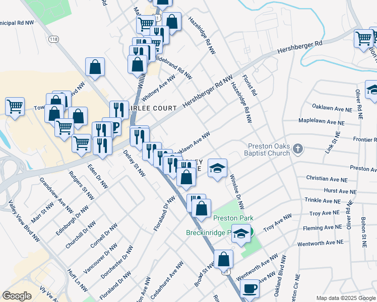 map of restaurants, bars, coffee shops, grocery stores, and more near 3131 Oaklawn Avenue Northwest in Roanoke