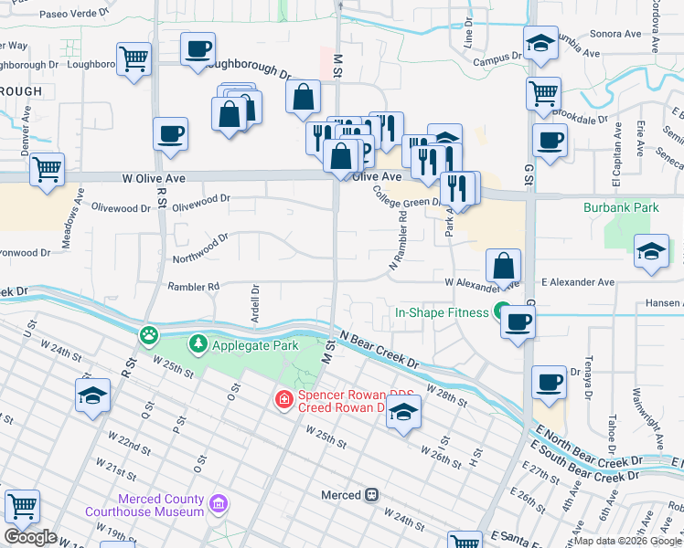 map of restaurants, bars, coffee shops, grocery stores, and more near 605 Rambler Road in Merced