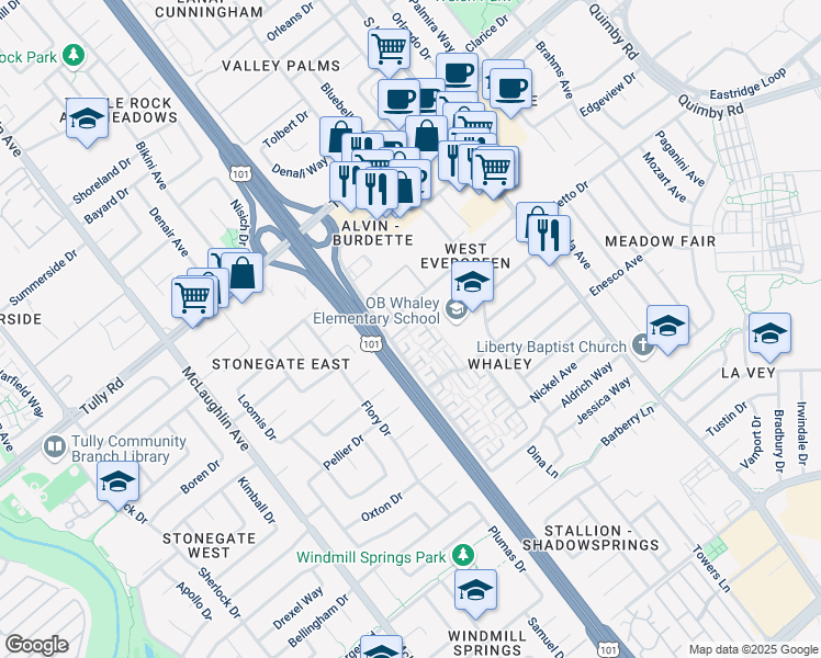 map of restaurants, bars, coffee shops, grocery stores, and more near 1504 La Boheme Way in San Jose