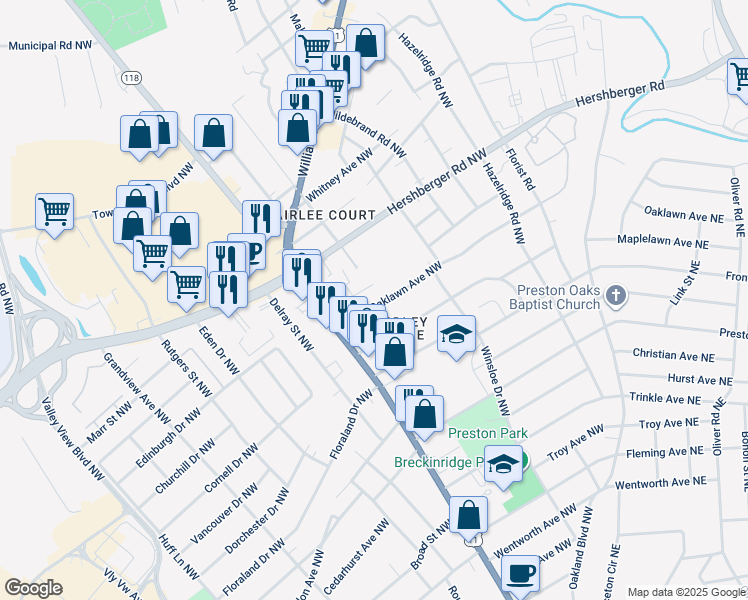 map of restaurants, bars, coffee shops, grocery stores, and more near 3112 Oaklawn Avenue Northwest in Roanoke