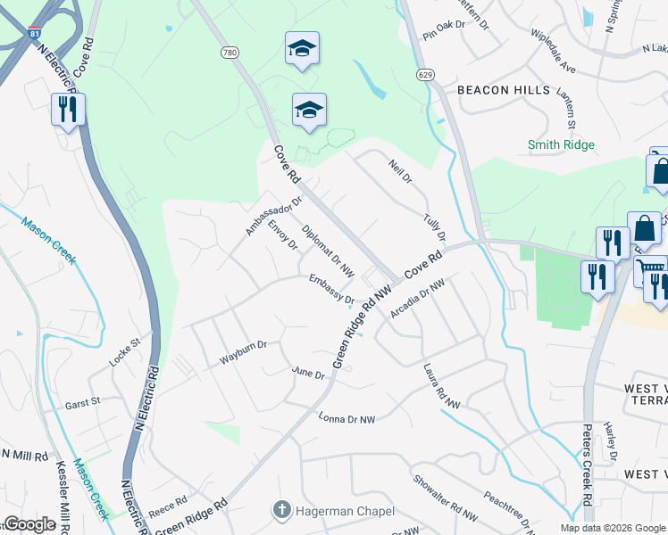map of restaurants, bars, coffee shops, grocery stores, and more near 2754 Diplomat Drive in Roanoke