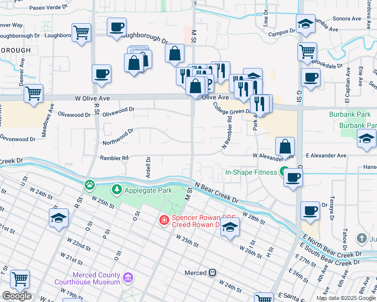 map of restaurants, bars, coffee shops, grocery stores, and more near 605 Rambler Road in Merced