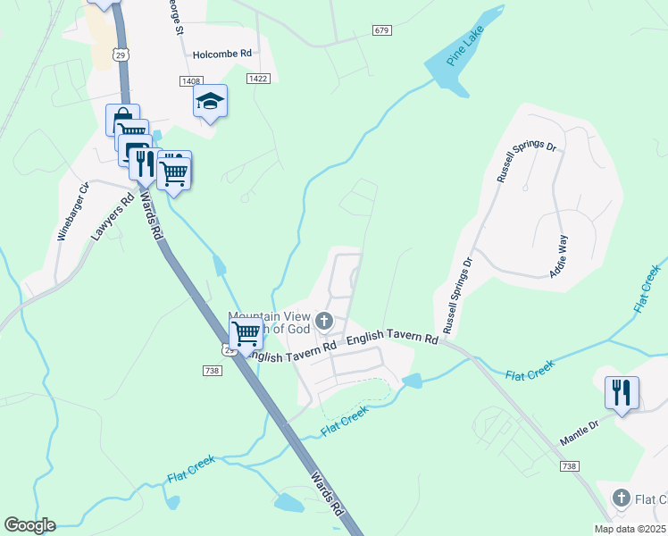 map of restaurants, bars, coffee shops, grocery stores, and more near 144 Old Tavern Circle in Lynchburg