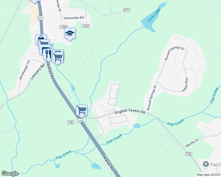 map of restaurants, bars, coffee shops, grocery stores, and more near 123 Old Tavern Circle in Lynchburg