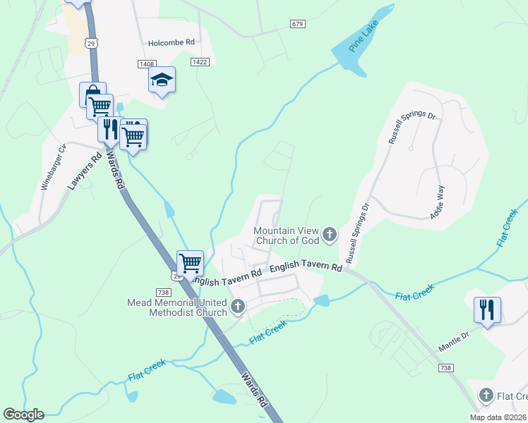 map of restaurants, bars, coffee shops, grocery stores, and more near 36 Lawton Circle in Lynchburg