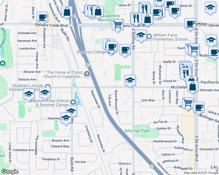 map of restaurants, bars, coffee shops, grocery stores, and more near 21210 McClellan Road in Cupertino