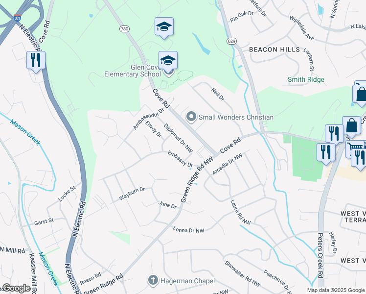 map of restaurants, bars, coffee shops, grocery stores, and more near 2754 Diplomat Drive in Roanoke