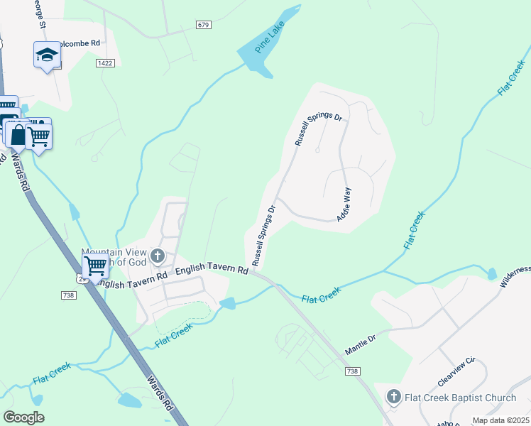 map of restaurants, bars, coffee shops, grocery stores, and more near 198 Russell Springs Drive in Lynchburg