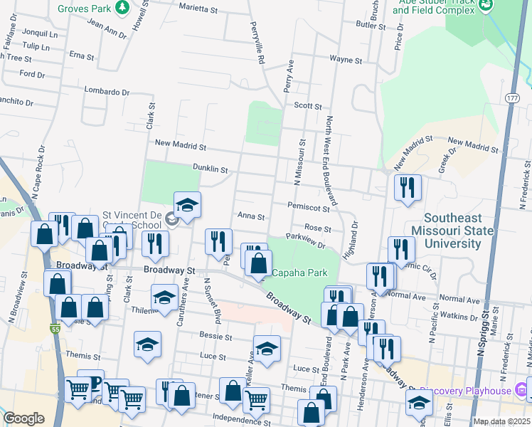 map of restaurants, bars, coffee shops, grocery stores, and more near 763 Perry Avenue in Cape Girardeau