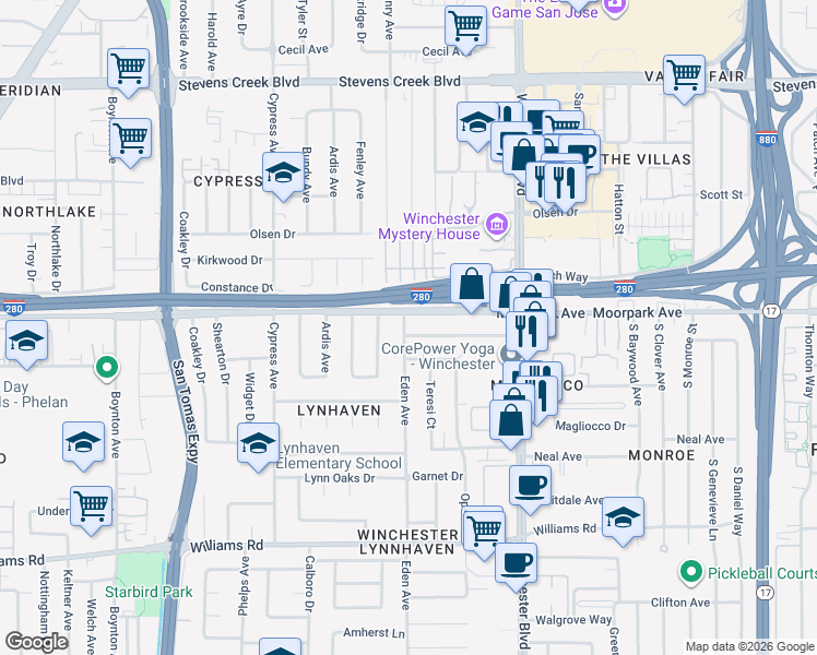 map of restaurants, bars, coffee shops, grocery stores, and more near 3245 Riddle Road in San Jose