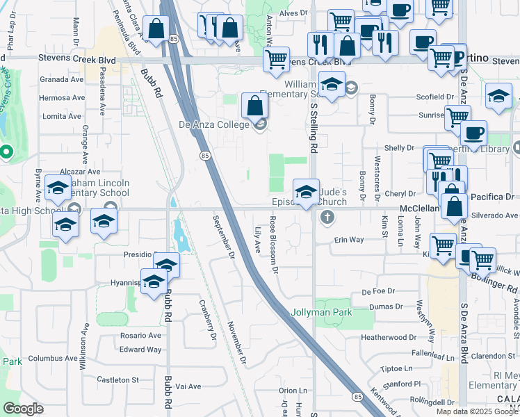 map of restaurants, bars, coffee shops, grocery stores, and more near 21210 McClellan Road in Cupertino