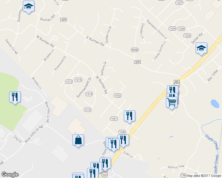 map of restaurants, bars, coffee shops, grocery stores, and more near 1607 Sterling Place Circle in Roanoke