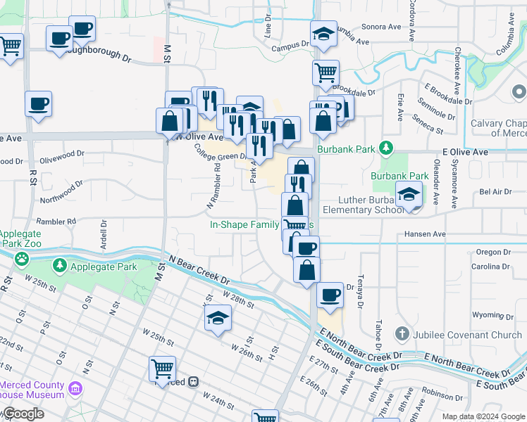 map of restaurants, bars, coffee shops, grocery stores, and more near 167 West Alexander Avenue in Merced