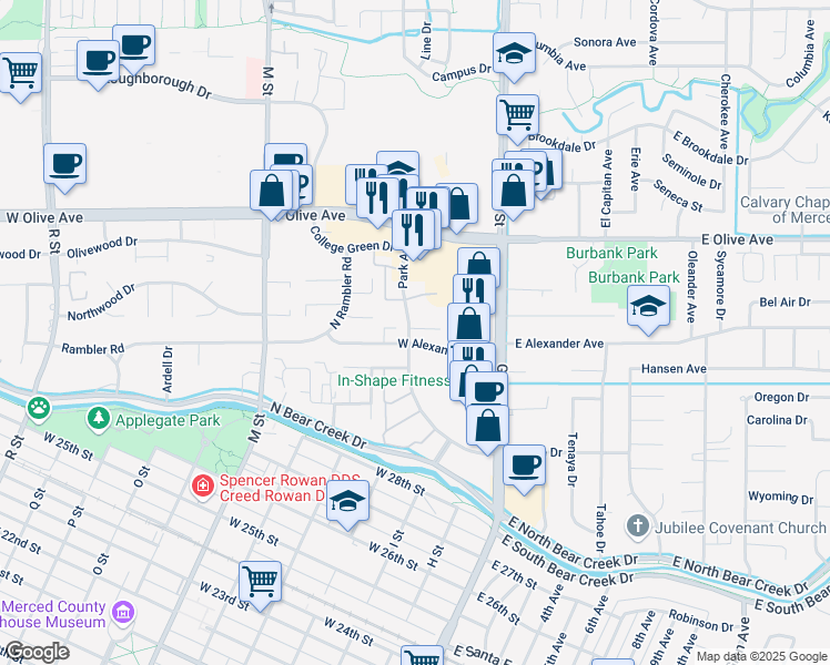 map of restaurants, bars, coffee shops, grocery stores, and more near 167 West Alexander Avenue in Merced