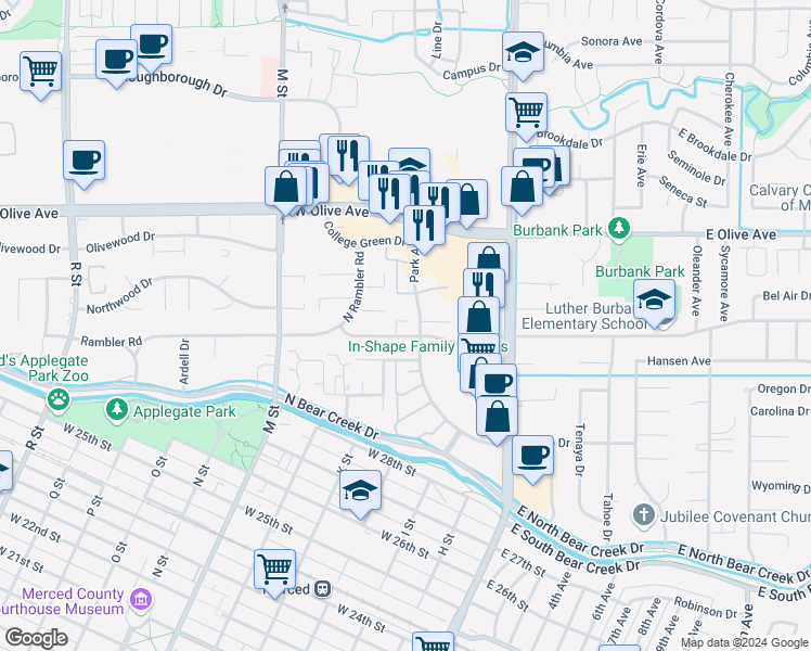 map of restaurants, bars, coffee shops, grocery stores, and more near 301 West Alexander Avenue in Merced