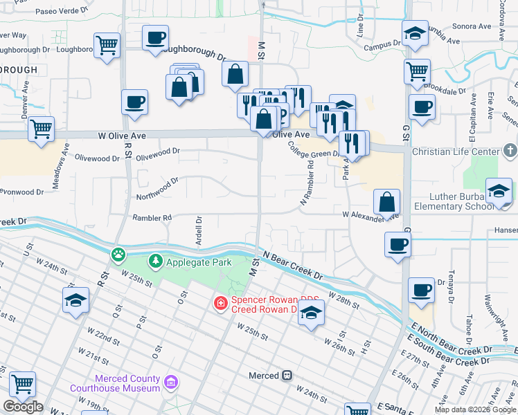 map of restaurants, bars, coffee shops, grocery stores, and more near 605 Rambler Road in Merced