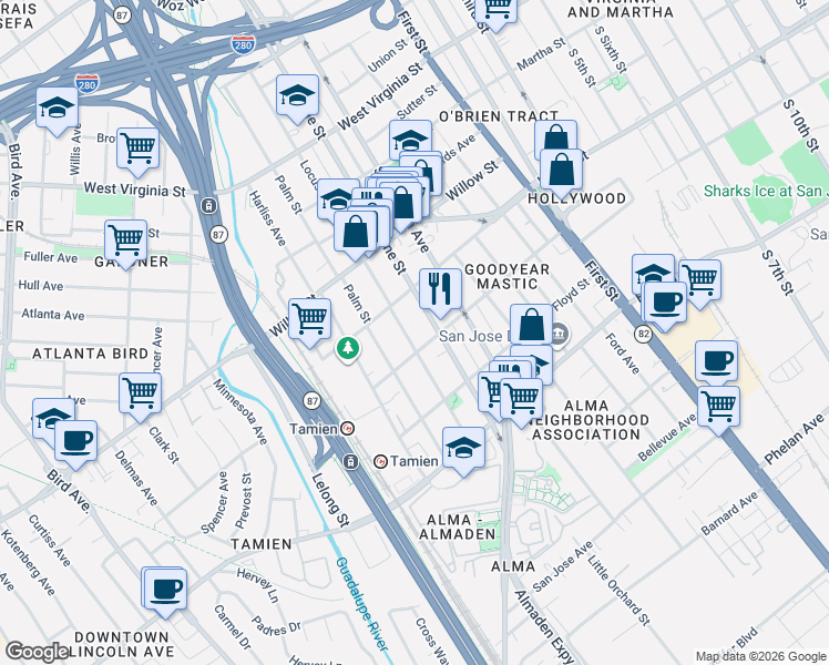 map of restaurants, bars, coffee shops, grocery stores, and more near 1165 Locust Street in San Jose