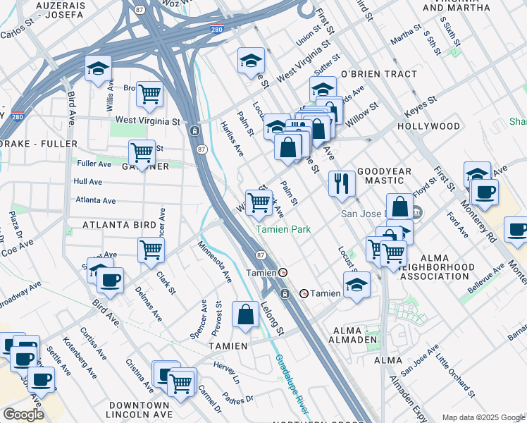 map of restaurants, bars, coffee shops, grocery stores, and more near 1026 Pepitone Avenue in San Jose