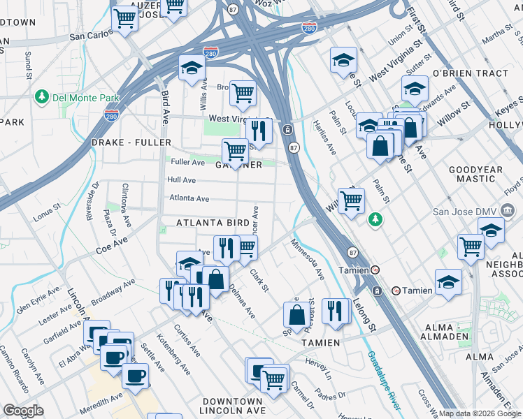 map of restaurants, bars, coffee shops, grocery stores, and more near 964 Spencer Avenue in San Jose