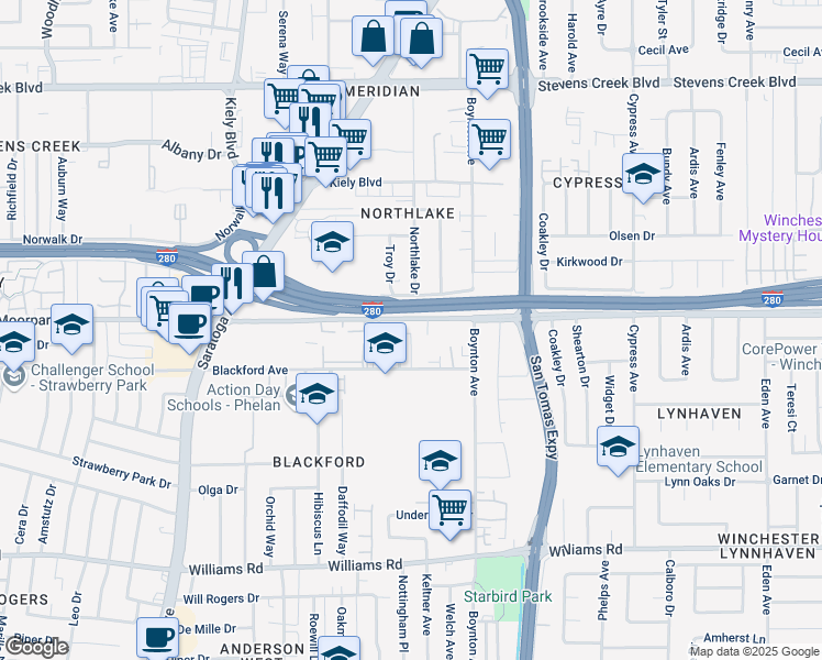 map of restaurants, bars, coffee shops, grocery stores, and more near 3796 Bertini Court in San Jose