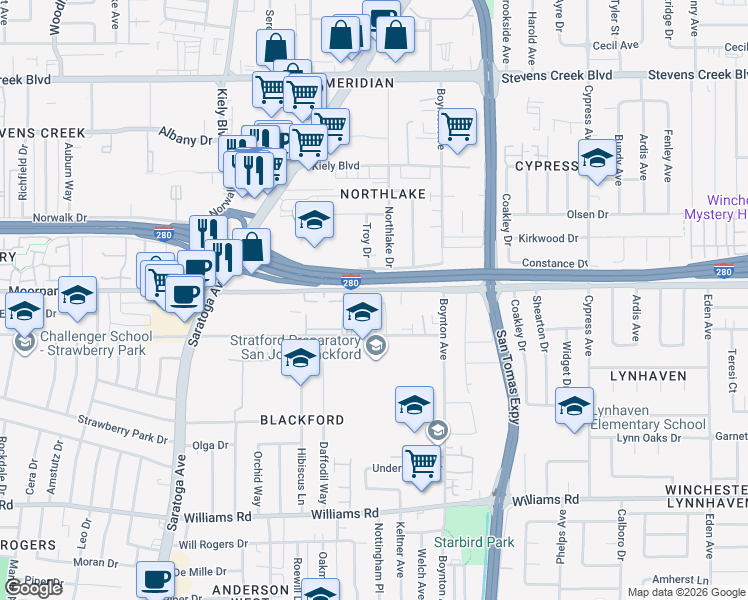 map of restaurants, bars, coffee shops, grocery stores, and more near 3856 Moorpark Avenue in San Jose