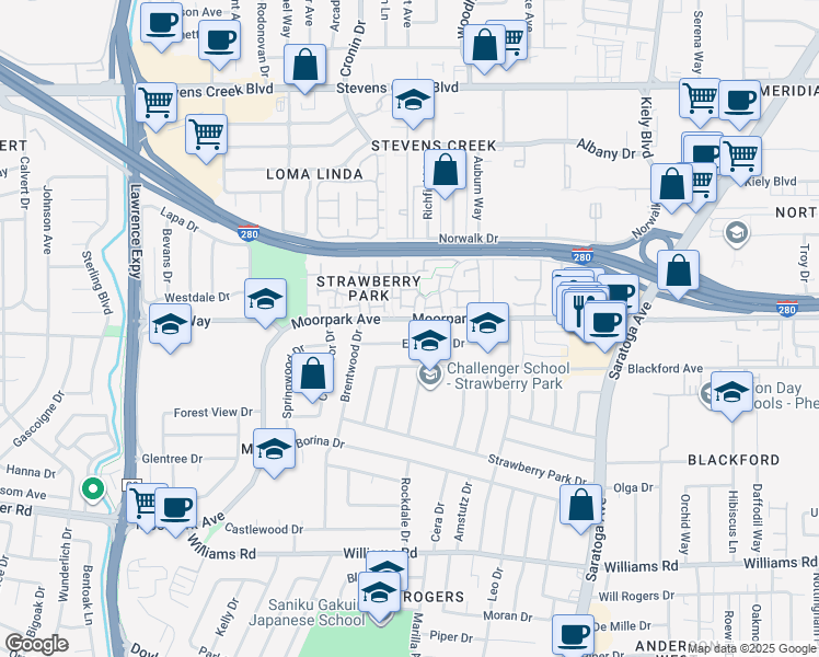map of restaurants, bars, coffee shops, grocery stores, and more near 605 Camina Escuela in San Jose
