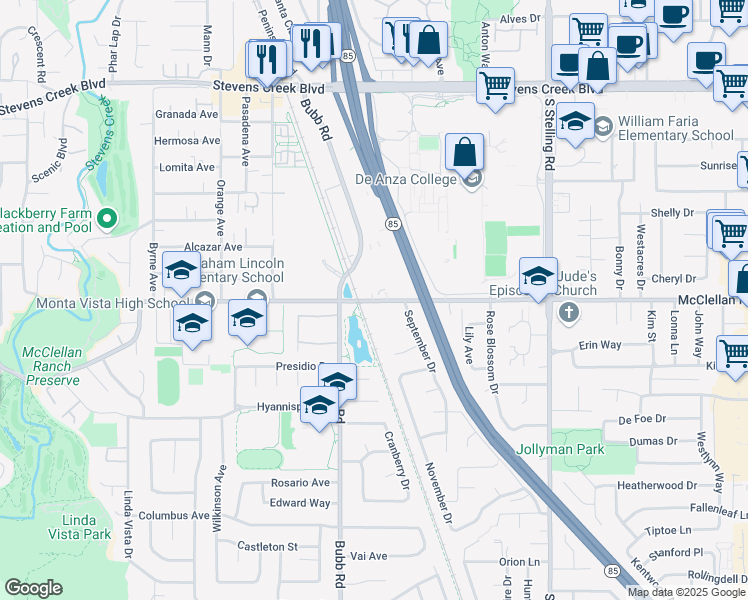 map of restaurants, bars, coffee shops, grocery stores, and more near 21491 McClellan Road in Cupertino