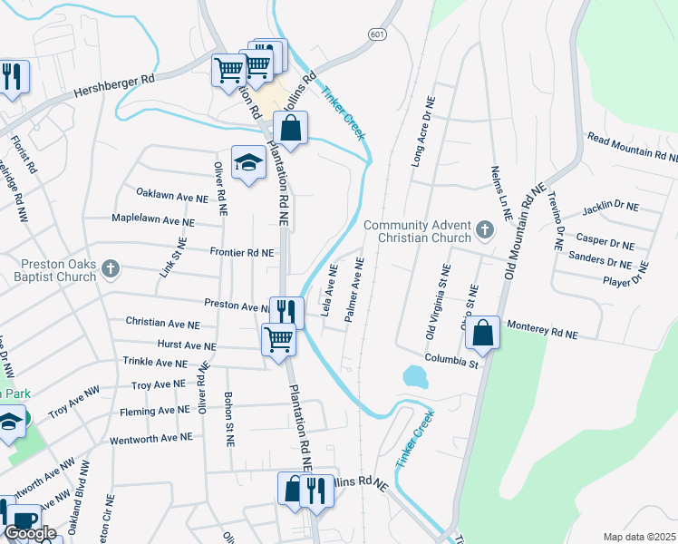 map of restaurants, bars, coffee shops, grocery stores, and more near 4413 Lela Avenue Northeast in Roanoke
