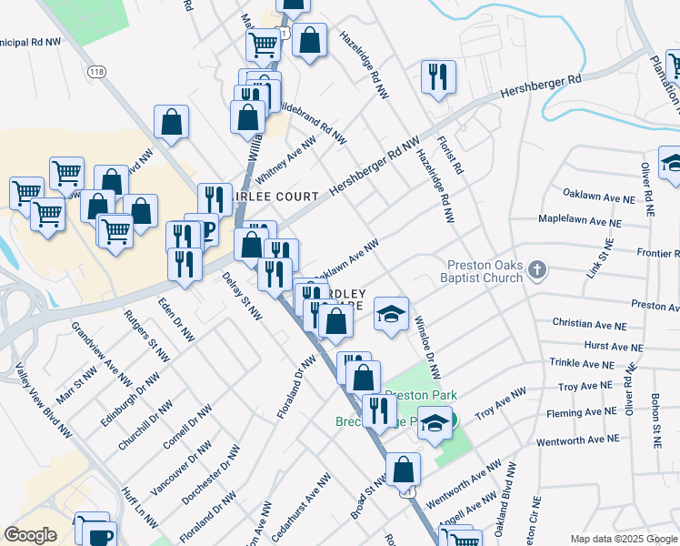 map of restaurants, bars, coffee shops, grocery stores, and more near 3131 Oaklawn Avenue Northwest in Roanoke