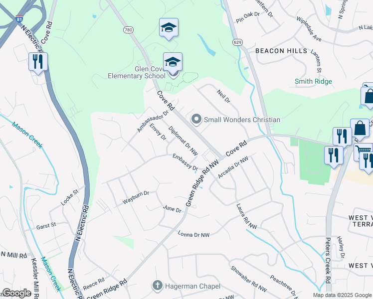 map of restaurants, bars, coffee shops, grocery stores, and more near 2754 Diplomat Drive in Roanoke