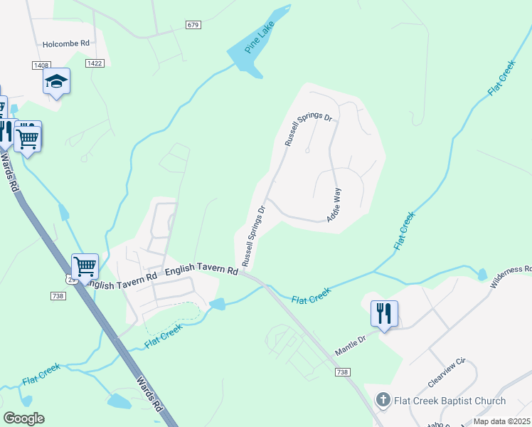 map of restaurants, bars, coffee shops, grocery stores, and more near 209 Russell Springs Drive in Lynchburg