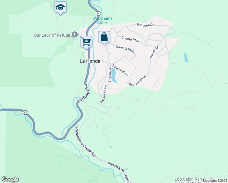 map of restaurants, bars, coffee shops, grocery stores, and more near 24 Fernwood Drive in La Honda