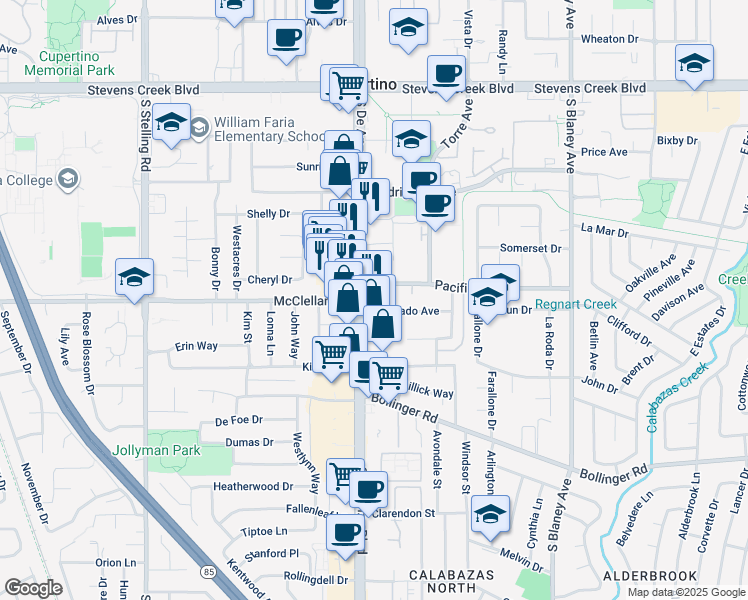map of restaurants, bars, coffee shops, grocery stores, and more near 20425 Silverado Avenue in Cupertino