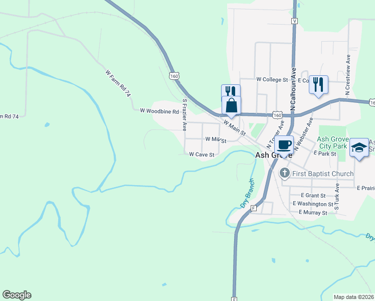 map of restaurants, bars, coffee shops, grocery stores, and more near 606 West Cave Street in Ash Grove