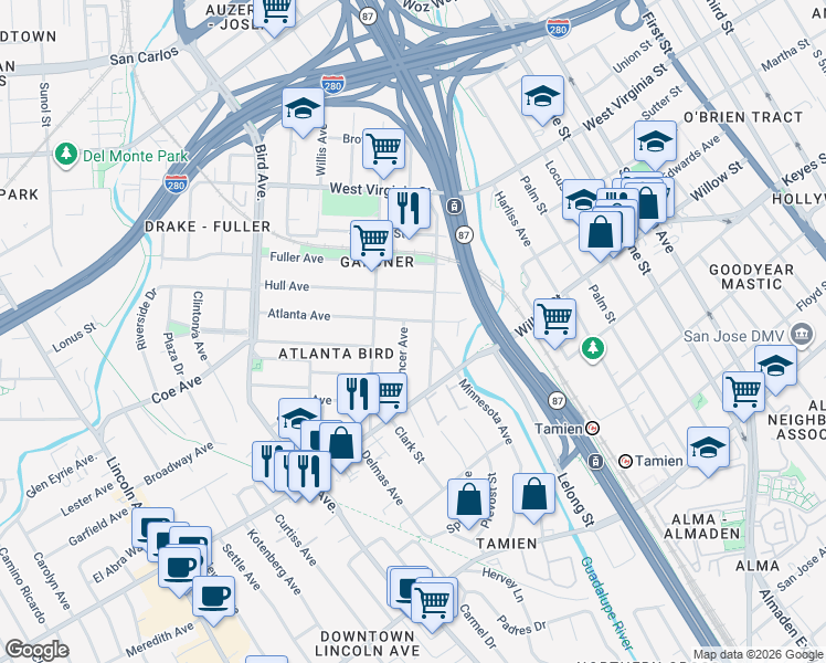 map of restaurants, bars, coffee shops, grocery stores, and more near 964 Spencer Avenue in San Jose