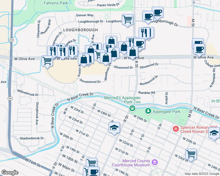 map of restaurants, bars, coffee shops, grocery stores, and more near 1230 Arbor Place in Merced