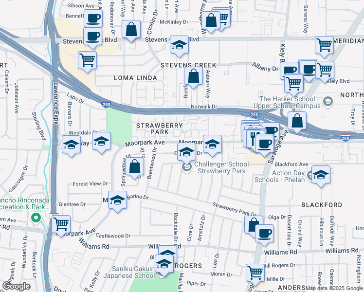 map of restaurants, bars, coffee shops, grocery stores, and more near 605 Camina Escuela in San Jose