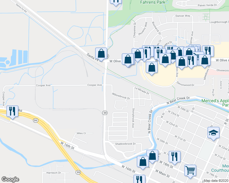map of restaurants, bars, coffee shops, grocery stores, and more near 2926 Willowbrook Drive in Merced