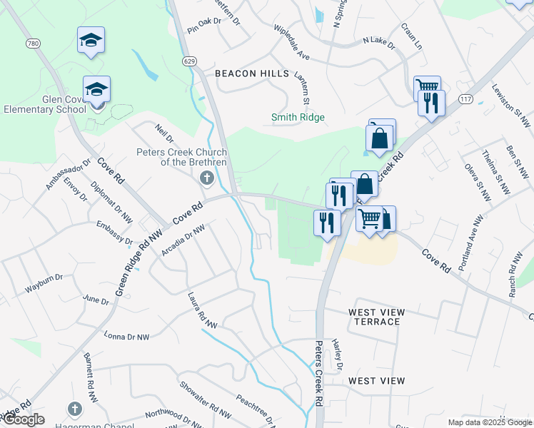 map of restaurants, bars, coffee shops, grocery stores, and more near 5229 King Arthur Court Northwest in Roanoke