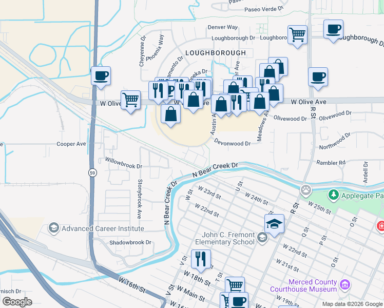 map of restaurants, bars, coffee shops, grocery stores, and more near 2971 Dillon Lane in Merced