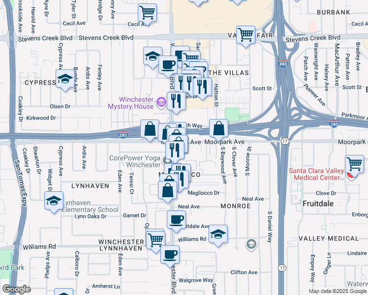 map of restaurants, bars, coffee shops, grocery stores, and more near 3030 Moorpark Avenue in San Jose