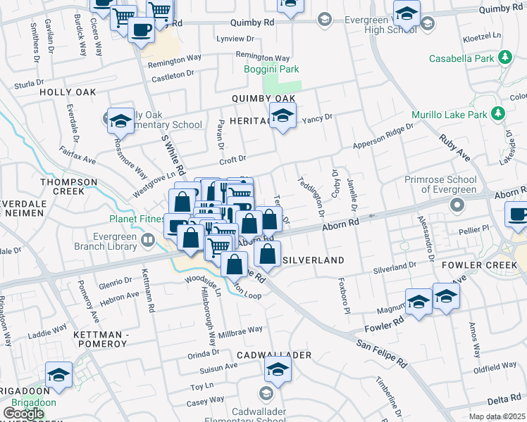map of restaurants, bars, coffee shops, grocery stores, and more near 2249 Freya Drive in San Jose