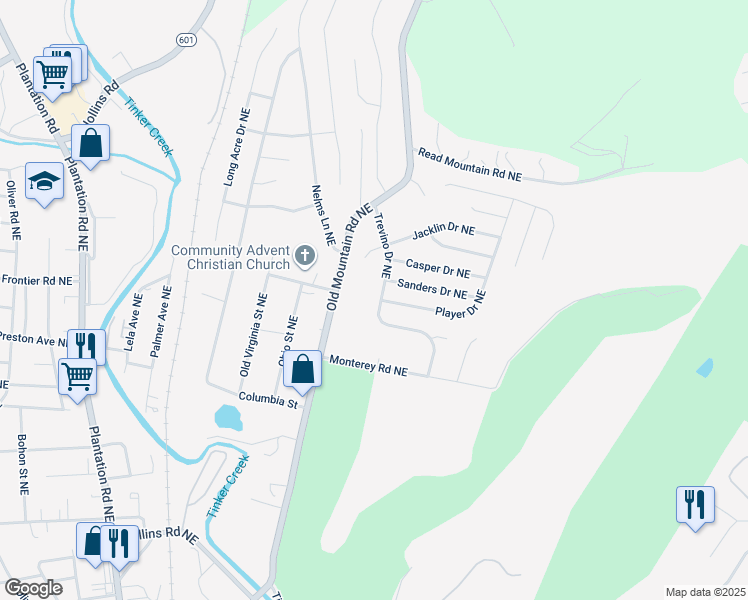 map of restaurants, bars, coffee shops, grocery stores, and more near 1241 Trevino Drive Northeast in Roanoke
