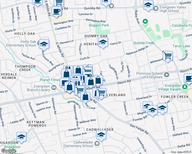 map of restaurants, bars, coffee shops, grocery stores, and more near 2249 Freya Drive in San Jose