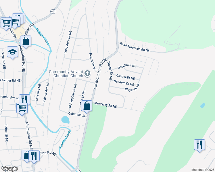 map of restaurants, bars, coffee shops, grocery stores, and more near 1241 Trevino Drive Northeast in Roanoke