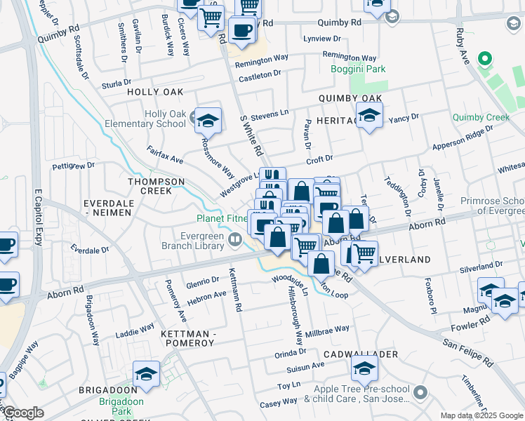 map of restaurants, bars, coffee shops, grocery stores, and more near 2873 Dawes Court in San Jose