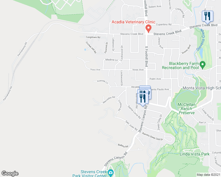 map of restaurants, bars, coffee shops, grocery stores, and more near 22772 Alcalde Road in Cupertino